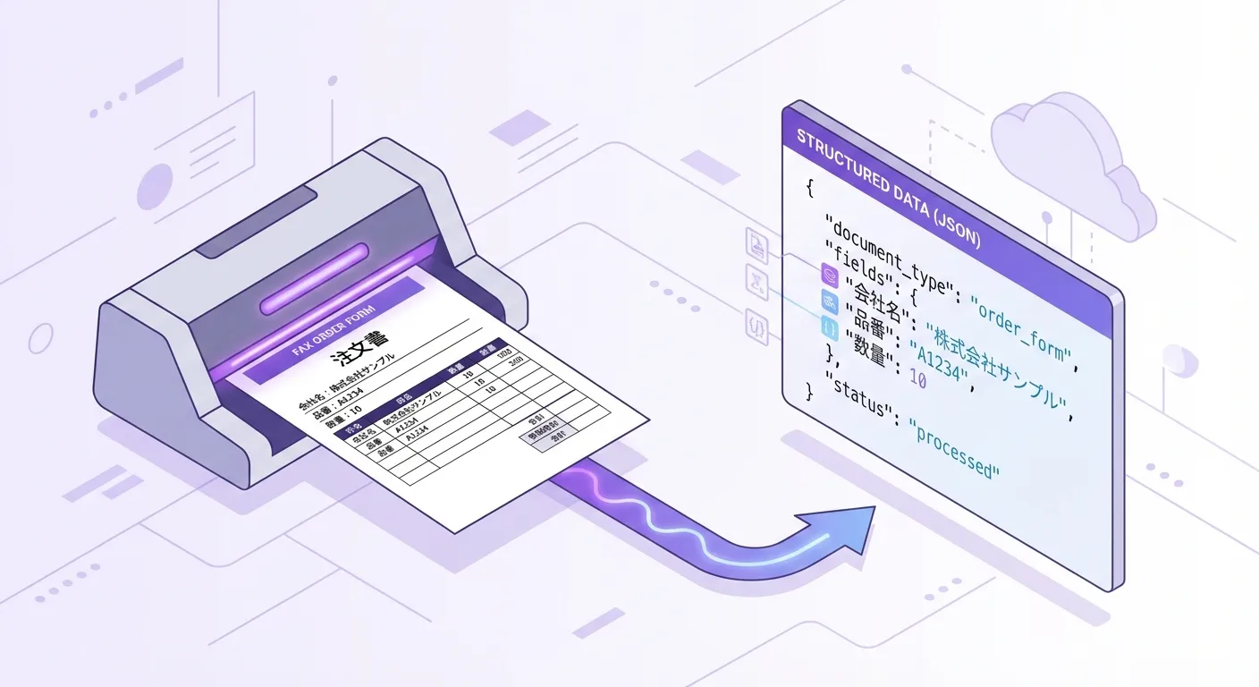 FAX注文書からAIがJSONデータに自動変換するイメージ